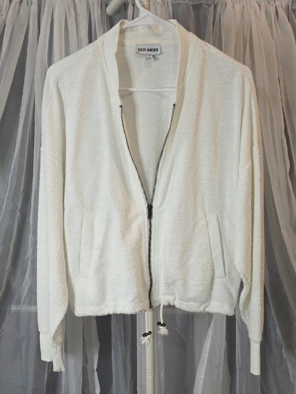 #256 Steve Madden Off-White Bouclé Zip Bomber Jacket